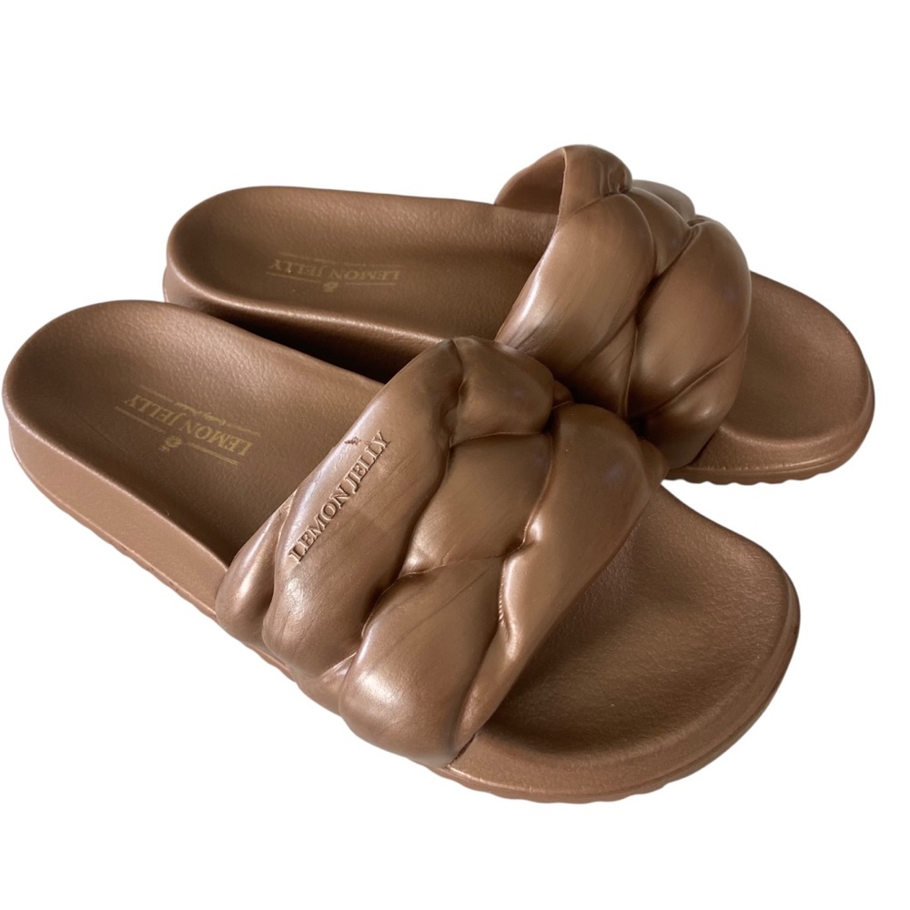 Lemon Jelly Cocoon Band Slides Sandals Shoes Metallic Bronze Vegan New 39 8.5